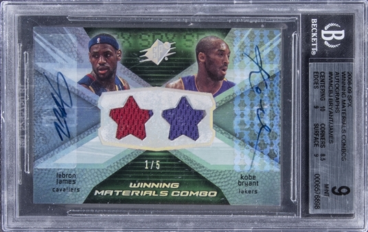 2008-09 SPX "Winning Materials Combos" #WMCBJ Kobe Bryant/LeBron James Dual Signed Game Used Patch Card (#1/5) - BGS MINT 9/BGS 10